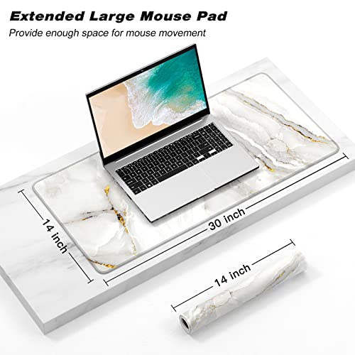 Extended Gaming Mouse Pad, XXL Large Desk Pad 30 x 14 Inch, Big Computer Keyboard Mousepad, Waterproof Mouse Mat with Stitched Edges and Non-Slip Base for Women Office Gaming, White Marble - color: White Marble