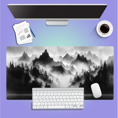 Large Gaming Mouse Pad (31.5" x 15.8") - Foggy Forest Misty Mountain Landscape Painting Black and White Wonderland, Extra XXL Extended Office Accessories, Premium Stitched Anti-Slip Desk Mat - color: Foggy Forest