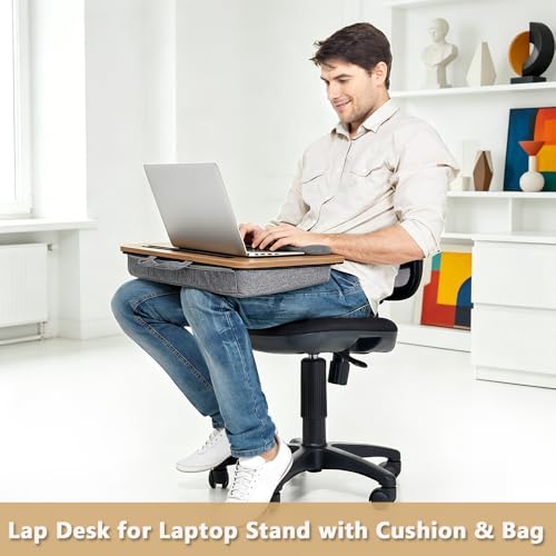 Portable Lap Desk for Bed, Suits14–17 Inch Laptops | Light wood color, 3 storage bags, hand strap & cushion, tablet & phone slots, ideal for adults at home, car and travel - color: Light Wood Color