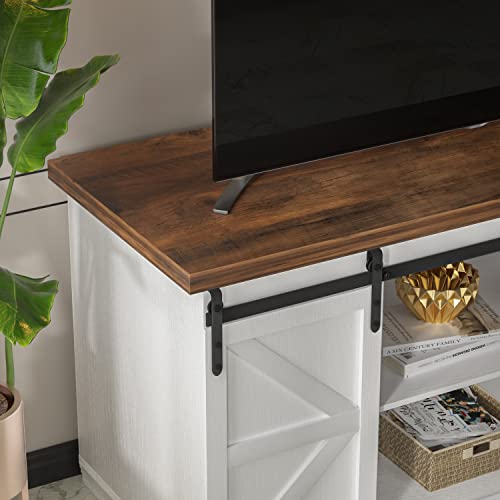 JUMMICO TV Stand for 65 Inch TV, Entertainment Center with Storage Cabinets and Sliding Barn Doors, Mid Century Modern Media TV Console Table for Living Room Bedroom (Bright White) - color: Bright White, size: Modern