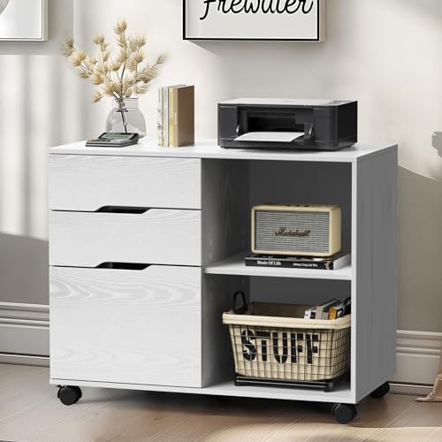 DUMOS File Cabinet with 3 Drawers, Wood Under Desk Storage Printer Stand | Rolling Lateral Filing Cabinet with Adjustable Shelves for Home Office Study Organizatiom, Classic White - color: Classic White
