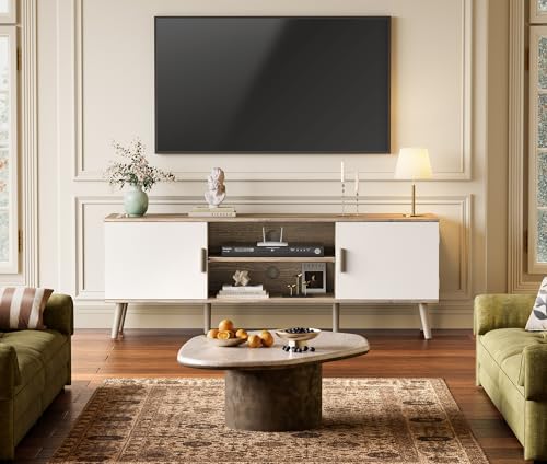 SUPERJARE TV Stand for 55 Inch TV, Entertainment Center with Adjustable Shelf, 2 Cabinets, TV Console Table, Media Console, Solid Wood Feet, Cord Holes, for Living Room, Bedroom, Gray and White - color: Gray and White, size: 53.9"