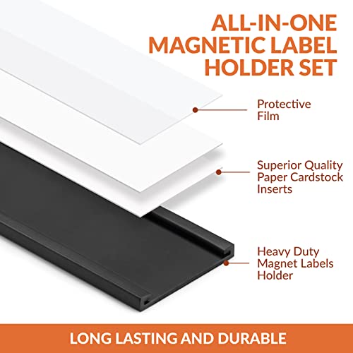 25 Pack C Channel Magnetic Label Holders 5x1.5 with 50 White Card Inserts, 25 Clear Plastic Protectors and Bonus 20 Colorful Cardstock Inserts in Blue, Green, Yellow and Red - Double-Sided Cards