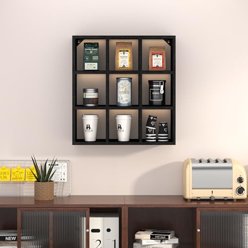 Helsin 9 Grid Vintage Coffee Mug Display Rack, 16inch Wall Mounted Wooden Curio Shadow Box Shelf, Cup Floating Shelves Display and Organizer (Black) - color: Black
