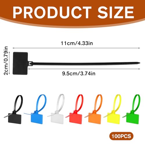 100 PCS Zip Tie Labels Cable Tags, Wire Zip Ties with Label Self-Locking, Nylon Cable Ties Writte on Wraps Marker for Wire Luggage Tags Home Office, 7 Colors