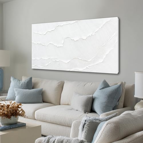 WINKAILIN White Abstract Textured Wall Art Modern 24x48 inch Canvas Ocean Wave Artwork Minimalist Hand-drawn Painting Contemporary White Posters Print for Living Room Bedroom Office Décor - color: White, size: 48"L x 24"W