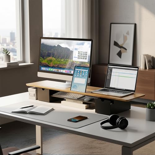 Mount-It! Extra Wide 39" Real Solid Bamboo Dual Monitor Stand Riser, 2 Metal Drawers + Shelf, 66 lbs, Built-In Device Slot, Home Office Desk Organizer