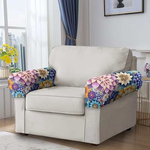 Boho Mandala Flower Pattern Sofa Armrest Covers, 2 Pieces Stretch Chair Arm Protector, Anti-Stain Arm Rest Covers Set with Twist Pins, Non-Slip Furniture Protector for Curved Sofa - color: Boho Mandala Flower