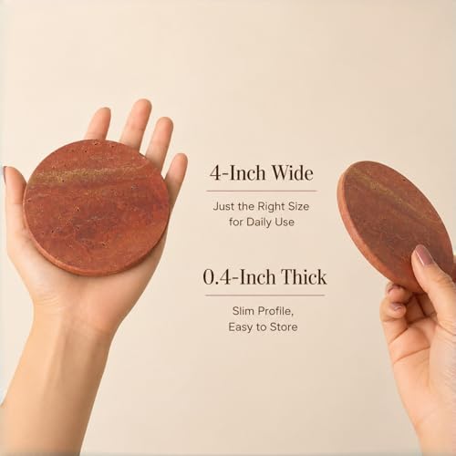 Natural Travertine Coasters Set of 4 – Absorbent Stone Drink Coasters with Cork Backing, 4” Round Neutral Coffee Table Décor for Organic Modern Home Aesthetic - color: Red