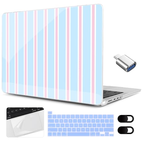 MEEgoodo for MacBook Pro 13 inch Case 2022 2021 2020 A2338 M2/M1 A2251 A2289 with Touch ID,Clear Laptop Hard Shell Cases with Keyboard Webcam Cover&Trackpad Film& Type C Adapter, Pink And Blue Stripes - color: Pink And Blue Stripes