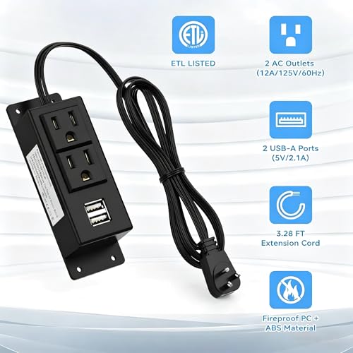Kungfuking Surge Protector Power Strip Flat Plug Desk Power Grommet Conference Wall Mount USB Outlet Power Socket 2-Socket & 2-USB Ports 3.28 FT Extension Cord (Black) - color: Black-3.28FT