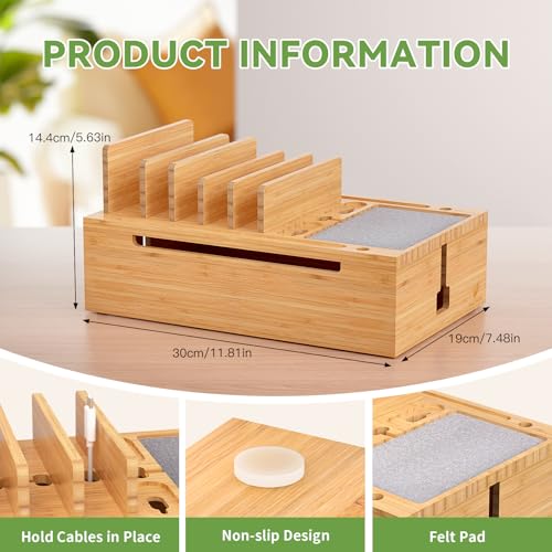 Pezin & Hulin Bamboo Charging Station for Multiple Devices, USB Charger Dock Organizer, with Power Supply (10 Ports HUB), 6 Cables, Cable Management Organizer for Cell Phones, Tablets -Natural Color - color: Natural, size: Dock+Charger+Cables
