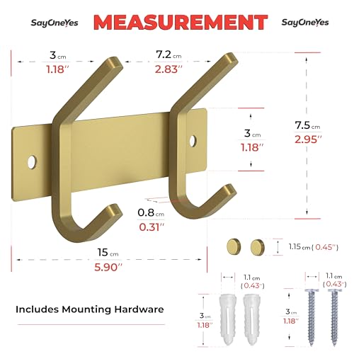 Brushed Gold Small Coat Rack Wall Mount – 6 Inch Stainless Steel Rail with 2 Double Coat Hooks for Entryway, Bathroom, Bedroom, Kitchen – Modern Gold Hook Rack for Coats, Hats, Towels - color: Gold, size: 2 Hooks - 1 Pack