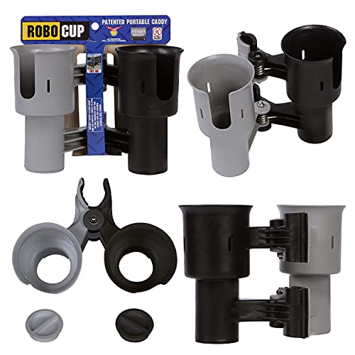 ROBOCUP, (Black&Gray), Patented Clamp On Boat Cup Holder | Multifunction Dual Drink Caddy for Fishing Poles, Tools, Net, Gaff | Portable Storage for Boating, Beach, Umbrellas, Golf Carts, Strollers - color: Black & Gray, size: Standard Spring