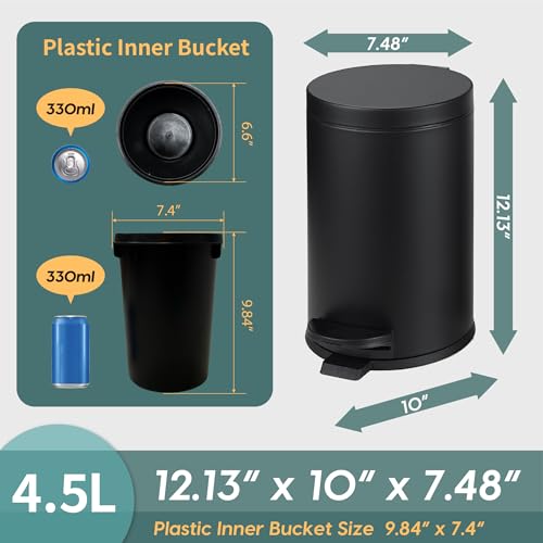 SunnyPoint 4.5 Liter(1.2 Gallon) Small Round Trash Can with Plastic Inner Bucket; Bathroom, Office, Kitchen and Bedroom Step On and Slow Close (BLK) - color: BLK, size: Small