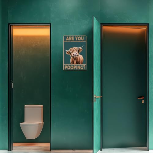Western & Highland Cow Gifts Funny Highland Cow Bathroom Decor Are You Pooping Vintage Metal Sign for Bathroom Restroom Toilet Decor, Cows Aluminium Plate Signs, Funny Restroom Sign 8 x 12 Inch - color: Funny Highland Cow Sign