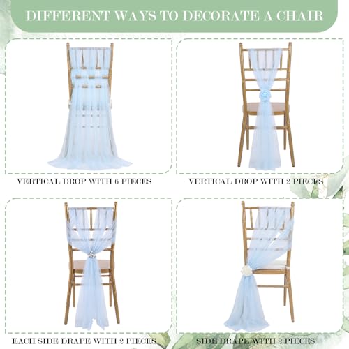 Moukeren 16 Packs Light Blue Pearls Chair Sashes 8ft Sheer Fabric Wedding Aisle Chair Decorations Fabric Sheer Church Seat Slipcovers Drapes with Ribbon Tape for Party Banquet Wedding Bridal Shower - color: Light Blue, style: Pearls