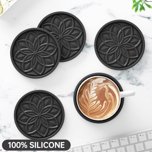 HFHOME Silicone Coasters Set with Holder - 6 Pack Drink Coasters for Coffee Table, Bar, Desk - Tabletop Protection Gift - Black - color: Pure Black