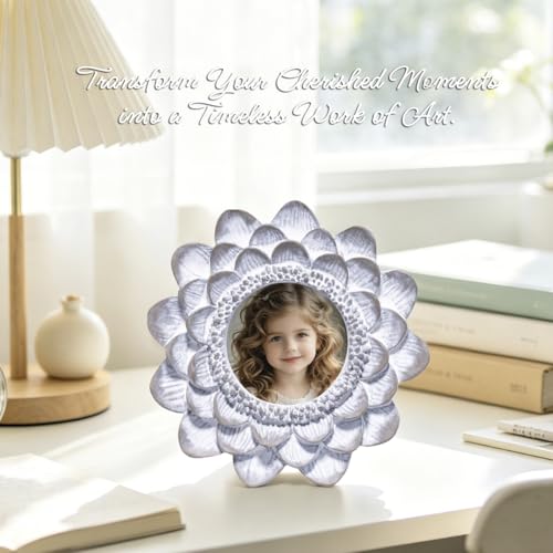 ZAWUU Silver White Flower Picture Frame, 3 x 3 Inch Resin Photo Frame with Lead-Free Non-Toxic Paint, Decorative Tabletop Frame for Bedroom, Living Room, Shelf, Gifts for Women - color: White