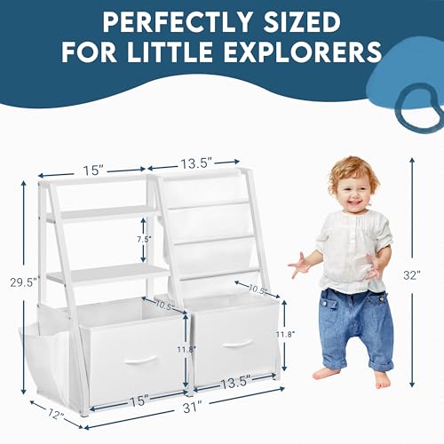 LOFTEY Kids Bookshelf and Toy Storage, Book Shelf for Kids Room, Toddler Montessori Bookshelf with 2 Drawers, Baby Book Shelf for Nursery, Toy Organizer, White