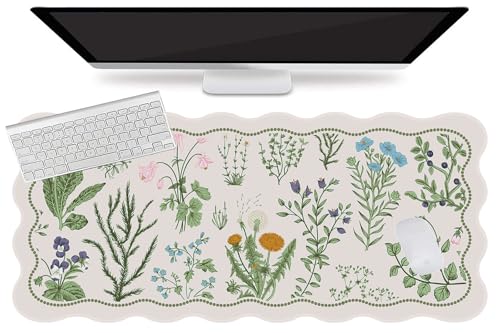 L-SPOUTTO Floral Mouse Pad,Botanical Desk Mat XXL Large Scalloped Gaming Mousepad,35.4x15.7in Non-Slip Keyboard Pad Waterproof Desktop Mat for Laptop Computer Work Game Home Office-Flowers Plants - color: Botanical Flowers Beige