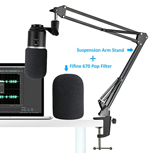 K669B Mic Boom Arm with Foam Windscreen, Suspension Boom Scissor Arm Stand with Pop Filter Cover Compatible with Fifine K669B Microphone by SUNMON - color: Fifine K669B Boom Arm