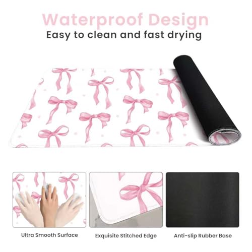 White Mouse Pad with Pink Bows, Cute Desk Mat Pink Keyboard Mat for Computer Laptop Non-Slip Rubber Base, Large Office Mat Kawaii Desktop Décor Accessories Office Supplies for Girls Women 31.5 x 11.8 - color: Pink, size: 31.5" x 11.8"