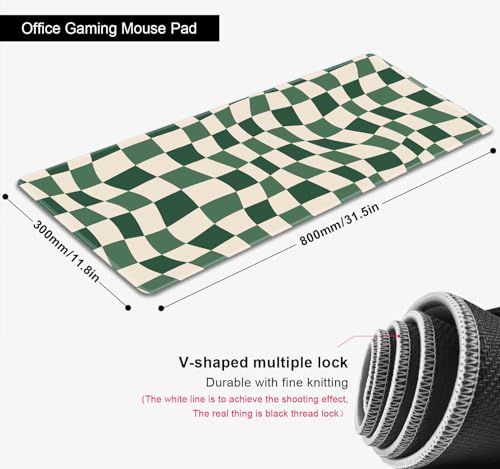 Sage Green Checkered Desk mat, Retro Boho Extra Large Mouse Pad, Abstract Wavy Desk Protector Pad, Minimal Pattern Aesthetic Writing Mat for Computer & Laptop Home Office, 31.5 X 11.8 in - color: Green Checkered