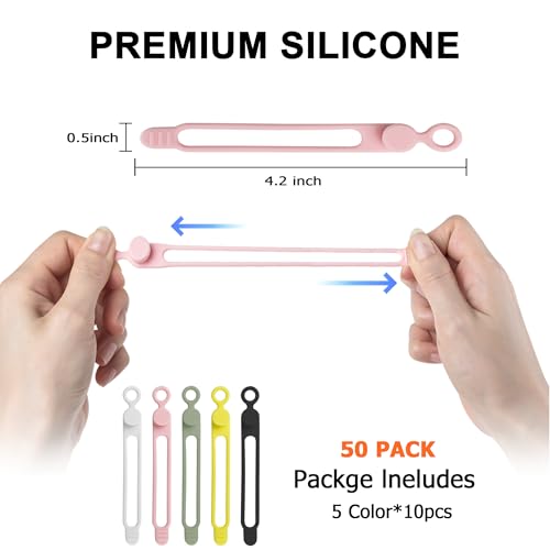 50Pcs Silicone Cable Ties Cord Organizer for Bundling Earphone, Phone Charger, Computer Cords, Reusable Wire Organizer Cable Management in Home,Office,Kitchen,School (5 Colors) - color: 50pcs-multicolor, size: 4.2 Inch