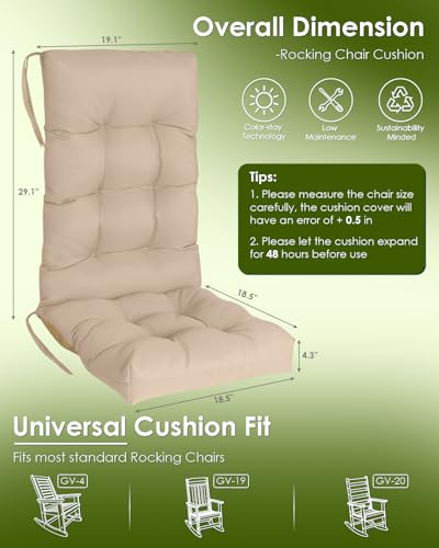 GREENVINES Rocking-Chair-Cushions Set of 2 | Polyester | Weatherproof | Outdoor High Back Rocker Chairs Cushion | Pad with Ties | Non-Slip | Thickened Seat for Patio | 46.5" x 18.5" x 4.3" | Beige - color: Beige, size: 2PCS