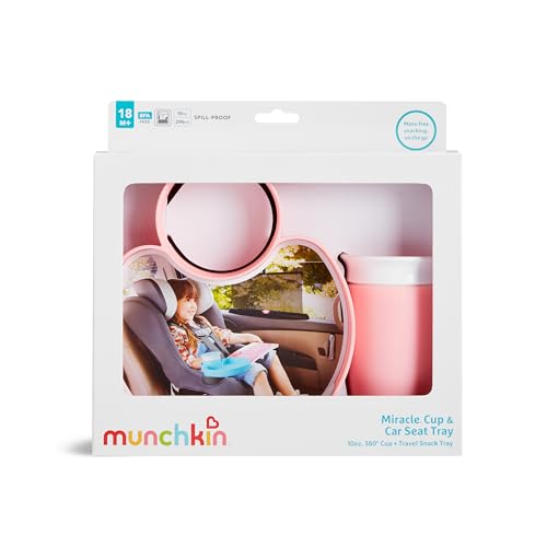 Munchkin Carseat Tray with Miracle 360 Sippy Cup for Toddlers 1-3 - Travel & Road Trip Accessory for Kids, Mess-Free Snacking and Spill Proof Drinking in The Car, Pink - color: Pink