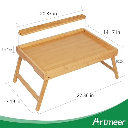 Artmeer Bed Tray Table with Folding Legs, Bamboo Breakfast Food Tray with Media Slot, Use As Platter, Laptop Desk, Snack, TV Tray Kitchen Serving Tray (Bamboo Extra-Large Size) - color: Bamboo, size: X-Large
