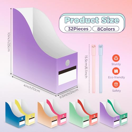 Jutom 32 Pcs Magazine File Holder Set Including Colored Foldable Desk File Holder Organizer White Label Stickers Cat Pen Cardboard Magazine Storage Box for Document School Office (Gradient,Classic) - style: classic