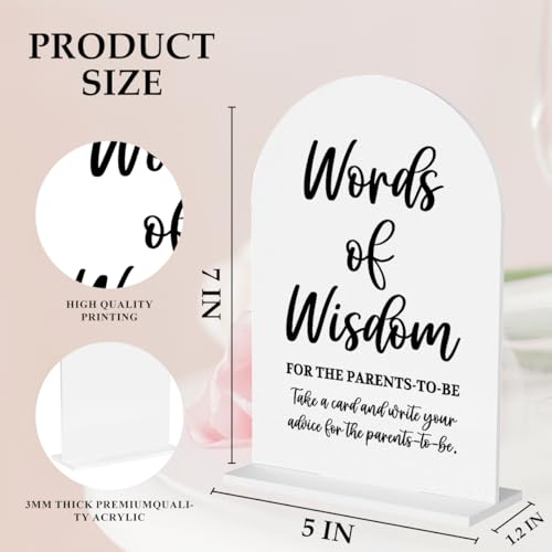 Baby in Bloom Shower Decorations, Baby Shower Sign, Newborn Gifts, Words of Wisdom Game 5x7 Inch Arch Acrylic Signs, Modern Calligraphy Arched Acrylic Table Top Signs Gender Reveal Party Decoration - color: Wisdom