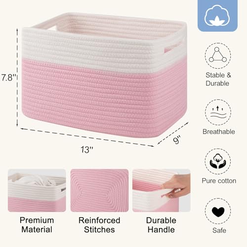 4 Pack Storage Baskets for Organizing, Woven Baskets for Shelves - Perfect for Toys, Books, Towels, and Clothes, Durable Gift Basket Bins Toy Storage, 12.7''Lx9''Wx7.8''H, Pink & White - color: Pink & White, size: Small/12.7''Lx9''Wx7.8''H