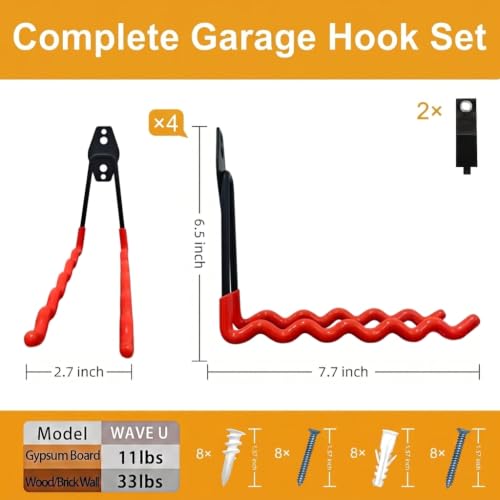 Garage Hooks, 4 Pack Wave Hooks for Hanging Heavy Duty Ladders, Bikes, Tools Ideal for Garage, Garden, Basement Utility Room Storage (Orange) - color: Orange, size: wave hooks-4pcs