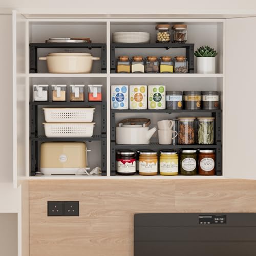 Heavy-Duty Adjustable Metal Shelf Organizer - Expandable & Stackable Pantry Storage Rack for Kitchen, Bathroom, RV, Cabinets(2 Packs/Black, Large) - color: 2 Packs/Black, size: L:10.2"D x 16.5"W x 8.2"H