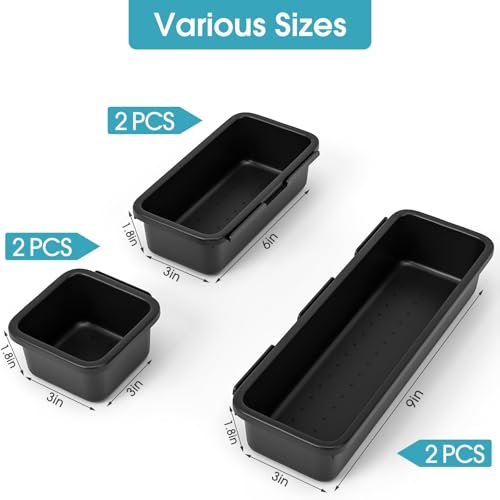 6 PCS Drawer Organizer Set, 3 Size Makeup Drawer Divider Organizer With Non-Slip Pads, Interlocking Plastic Storage Bins for Office,Jewelry Vanity,Gadgets, Bathroom,Kitchen, Black - color: Black, size: 6Pack
