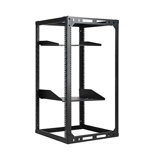 AEONS 20U Open Frame Network Server Rack 19-inch 4 Post AV Rack with Casters for Floor Standing and Wall Mount, Side Load for Extra Depth– Complete Kit with 1U and 2U Vented Shelves, Black - style: 20U-Kit