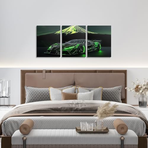 Extreme Sports Car Wall Art for Boys Green Race Car Canvas Wall Art Set of 3 Kids Racing Cars Poster Prints Boys Cool 3D Cars Decor Birthday Decorations for Toddler,12x16 - color: Green