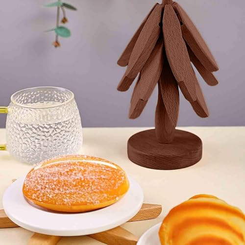 Wooden Cup Coaster Set,Tree Shape Trivet Set,Tree Coasters- 4 Wooden Trivets + 1 Stand stored for hot Dish/Pot/Bowl/teapot/hot Pot Set - color: Brown