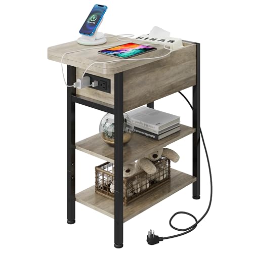 WLIVE End Table with Charging Station, Flip Top Narrow Side Table with Storage Shelf, Small Nightstand with USB Ports and Outlets,Bedside Table for Living Room, Bedroom,11.81" D x 23.62" W x 24.33" H - color: Greige