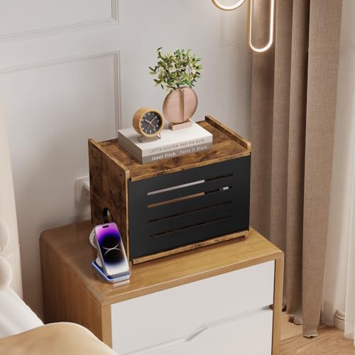 Homode Router Shelf, Wood Wifi Box Hider, Projector Shelf Stand, Router Modem Storage Box Power Strip Cable Management Hider Rack, Routers Cover Organizer for Office Home, Rustic Brown