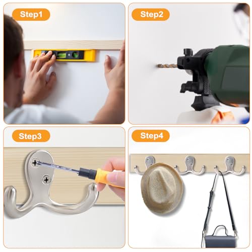 15 Pack Coat Hooks Wall Hooks for Hanging, Heavy Duty Double Prong Metal Hook Wall Mounted for Living Room, Bathroom, Kitchen, Bedroom for Coat, Bag, Scarf, Towel, Hat, Key, Cup (Silver) - color: Silver-15pack