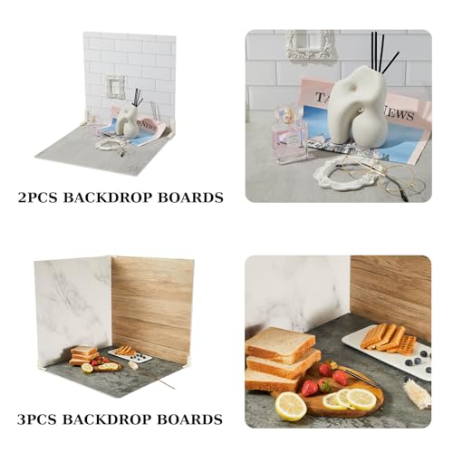 5PCS Double Sided 10 Patterns Photography Backdrop Boards, 16x16 Inch Waterproof Background Surface with 4 Brackets, Cement Marble Wood Brick Texture Backdrop for Food Jewelry Shooting - color: Marble/Wooden/Brick/Cement/Blue