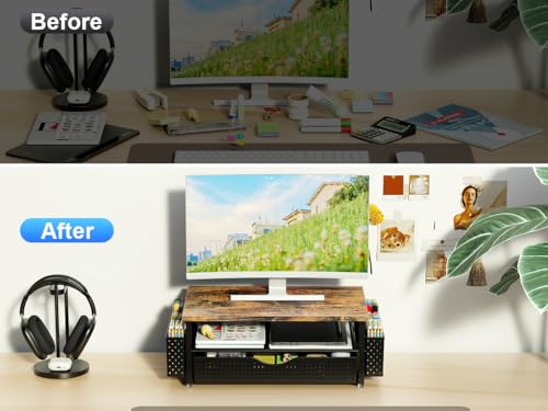 Spacrea Desk Organizer and Accessories, Computer Monitor Stand Riser with Drawer and 2 Pen Holders, Office Desk Accessories & Workspace Organizers for Office Supplies (Wood) - color: Wood
