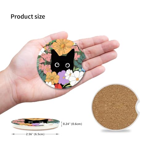 Cute Black Cat Car Coasters for Drinks Absorbent, 2 Pack Cup Holders, 2.56" Ceramic Stone & Non-Scratch Cork Base Coasters, Auto Accessories for Women & Men - color: Cute Black Cat 2