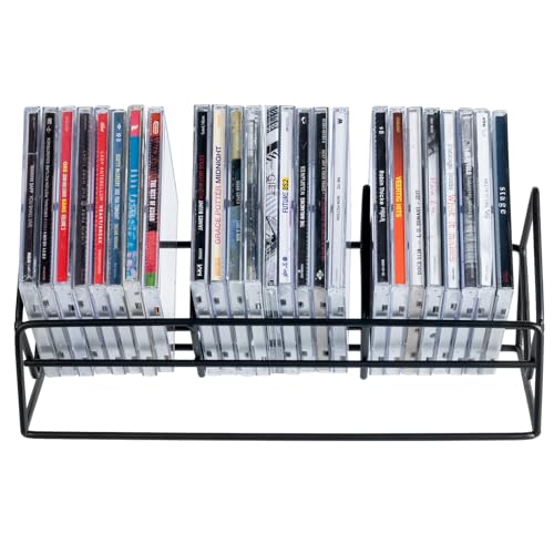 MyGift 3 Slot CD Holder Storage Stand, Video Game DVD Media Organizer Rack, Tabletop Compact Disc Shelf, CD Tower Holds 30 Jewel Cases, Modern Matte Black Metal Wire