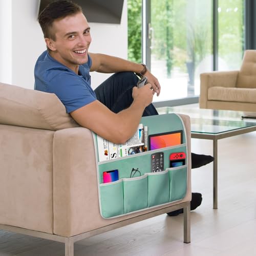 Remote Control Holder for Armchair Caddy, Couch TV Remote Holder for Bed Storage 5 Pockets,Remote Caddy Bedside Organizer Bedside Table Organizer (MintGreen, 35''x18'') - color: MintGreen, size: 35"x18"