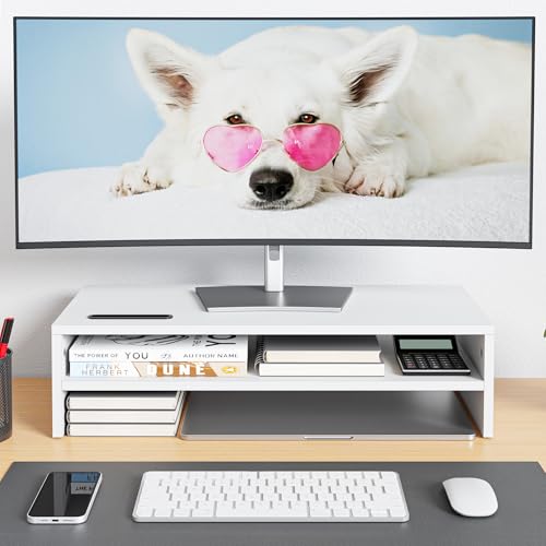 BONTEC Wood Monitor Stand Riser, 2-Tier Desktop Organizer with Storage, Ergonomic Computer Stand for Desk, Cable Management, Cellphone Holder, 21.3 Inch Shelf, White - color: White, size: 21.3 Inch